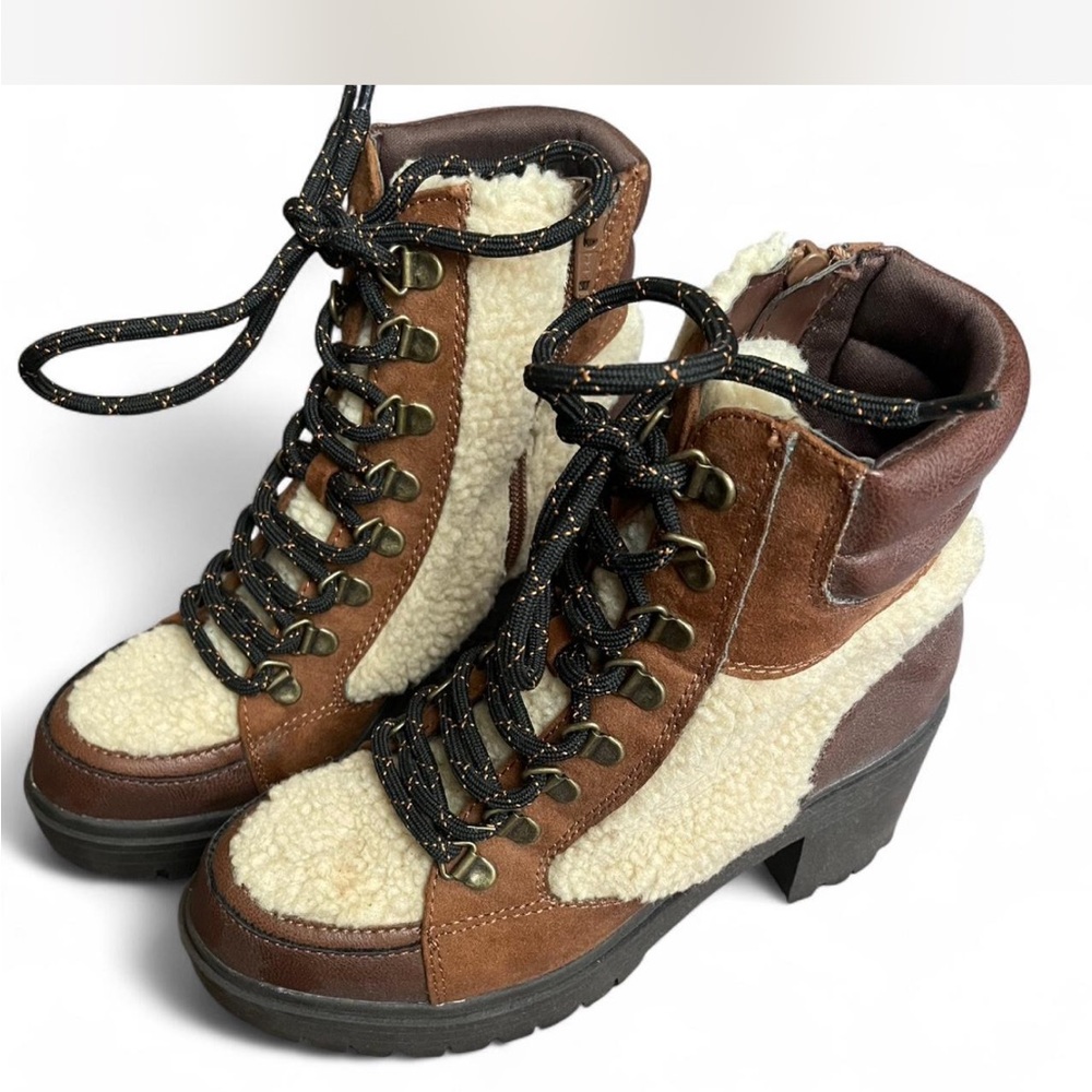 Brown and Cream Women's Lace-Up Boots